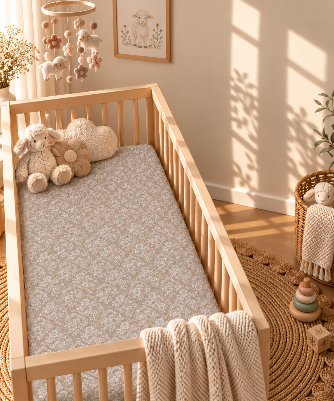 Taupe Lace Floral Crib Sheet in a wooden crib in a sunlit nursery