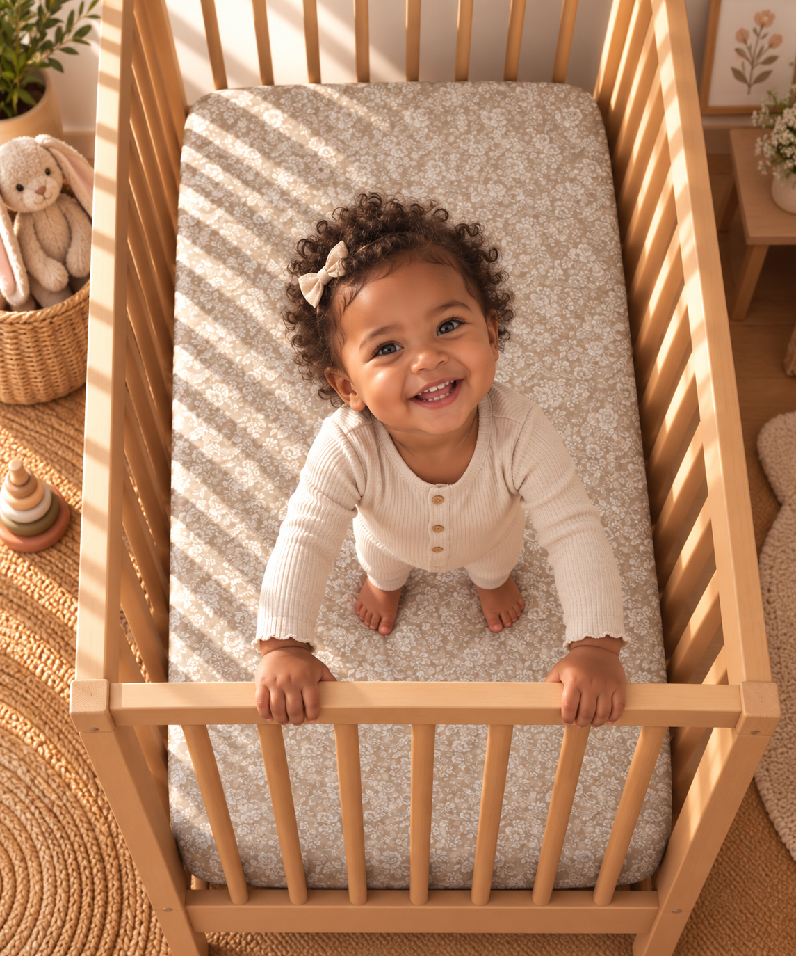 Toddler standing in a crib fitted with the Taupe Lace Floral Crib Sheet