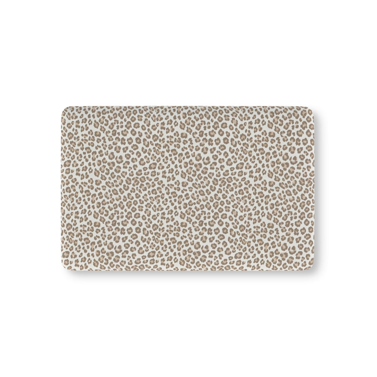 Taupe Leopard Print Crib Sheet laid flat in Mini size with taupe leopard spots on white