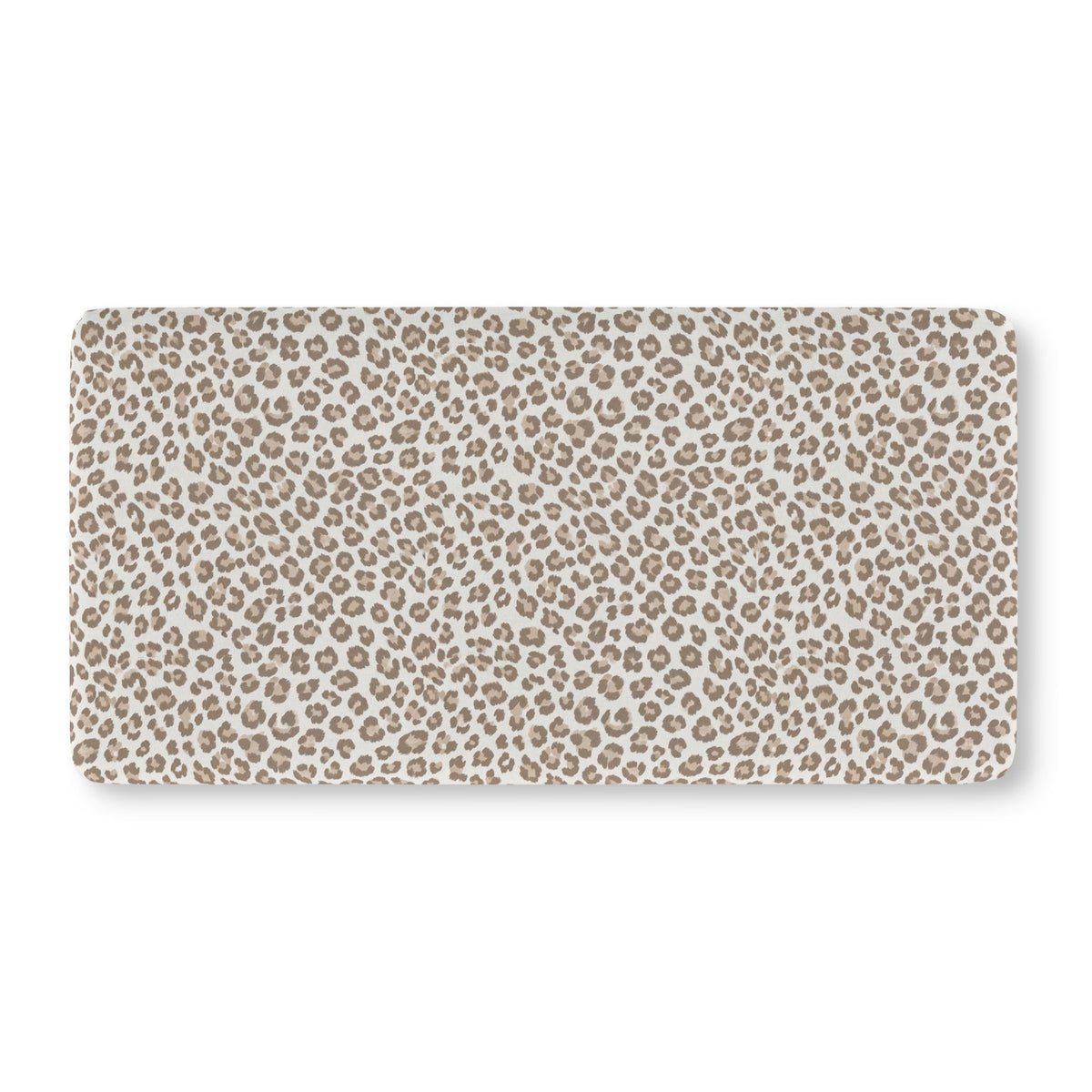 Taupe Leopard Print Crib Sheet laid flat in Standard size with taupe leopard spots on white