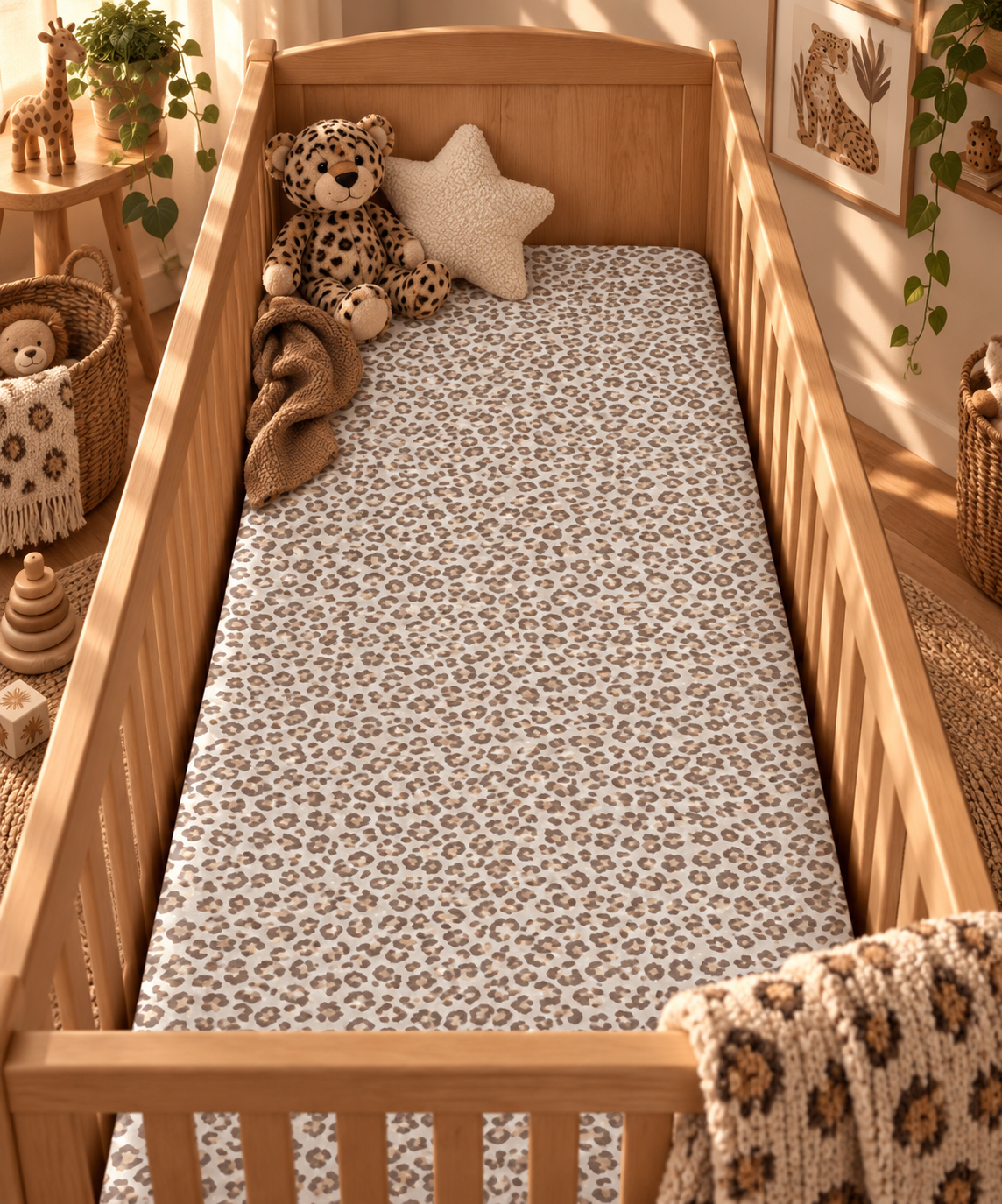 Taupe Leopard Print Crib Sheet on a wooden crib mattress in a safari nursery