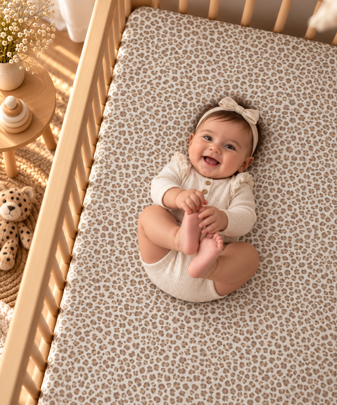 Smiling baby lying on the Taupe Leopard Print Crib Sheet