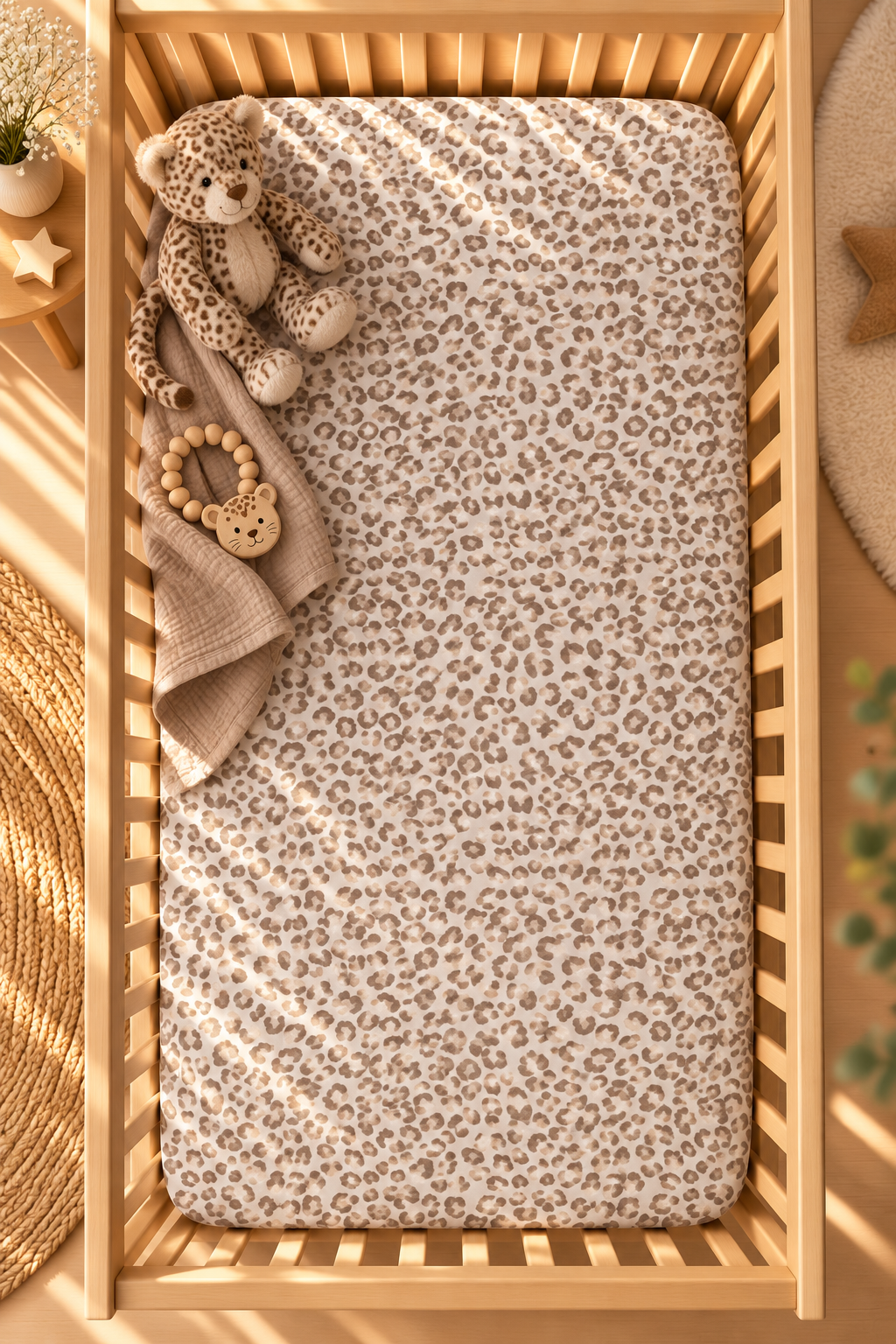 Taupe Leopard Print Crib Sheet seen from above in a wooden crib