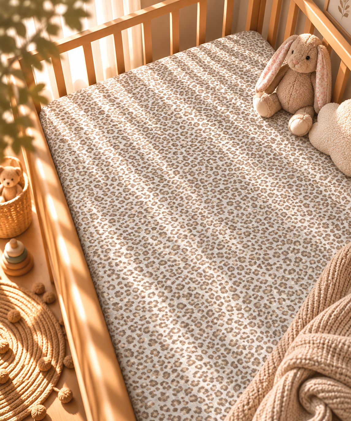 Taupe Leopard Print Crib Sheet fitted in a wooden crib with a plush toy