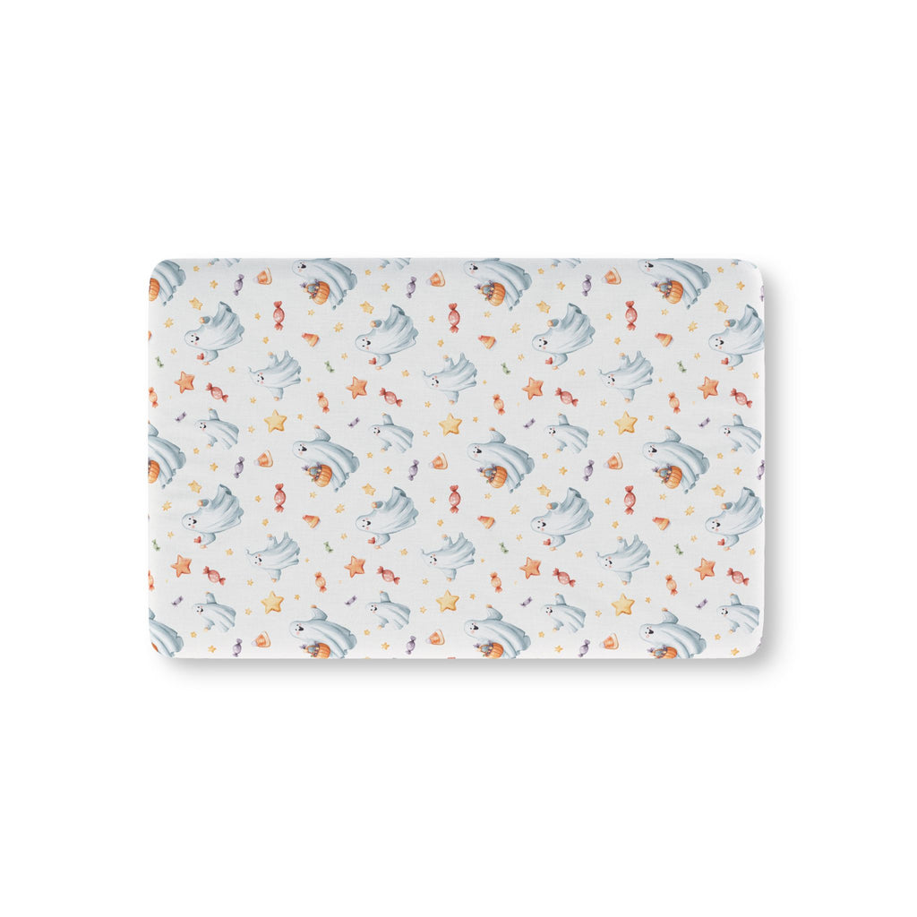 Watercolor Ghost Crib Sheet laid flat in Mini size with dusty blue ghosts, candy and stars on pale gray