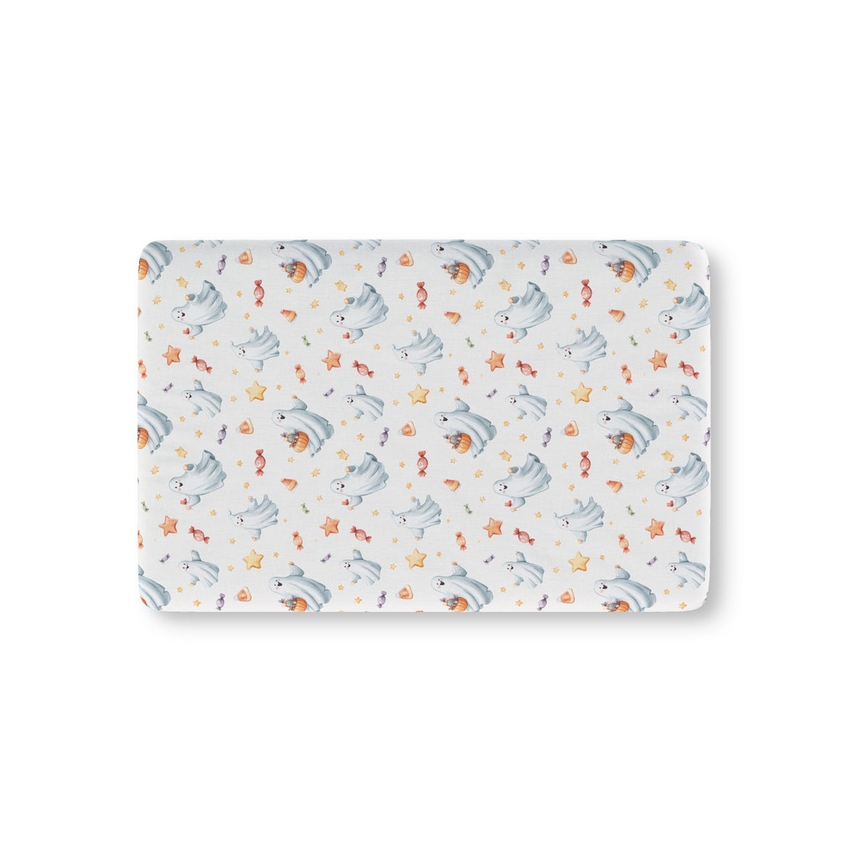 Watercolor Ghost Crib Sheet laid flat in Mini size with dusty blue ghosts, candy and stars on pale gray
