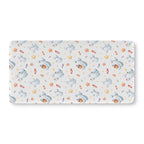 Watercolor Ghost Crib Sheet laid flat in Standard size with dusty blue ghosts, candy and stars on pale gray