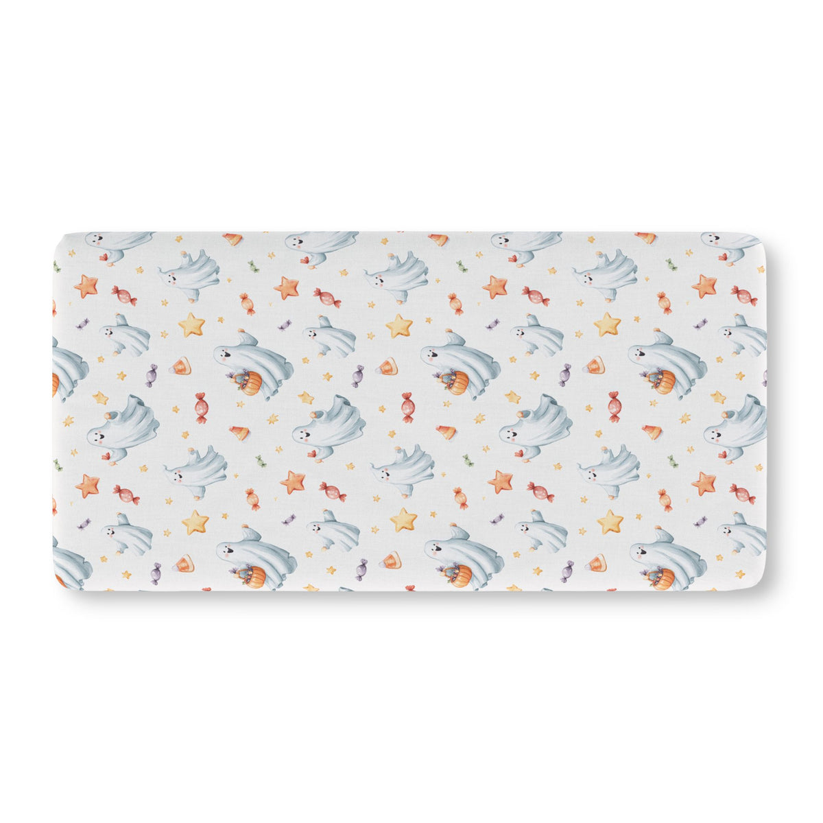 Watercolor Ghost Crib Sheet laid flat in Standard size with dusty blue ghosts, candy and stars on pale gray