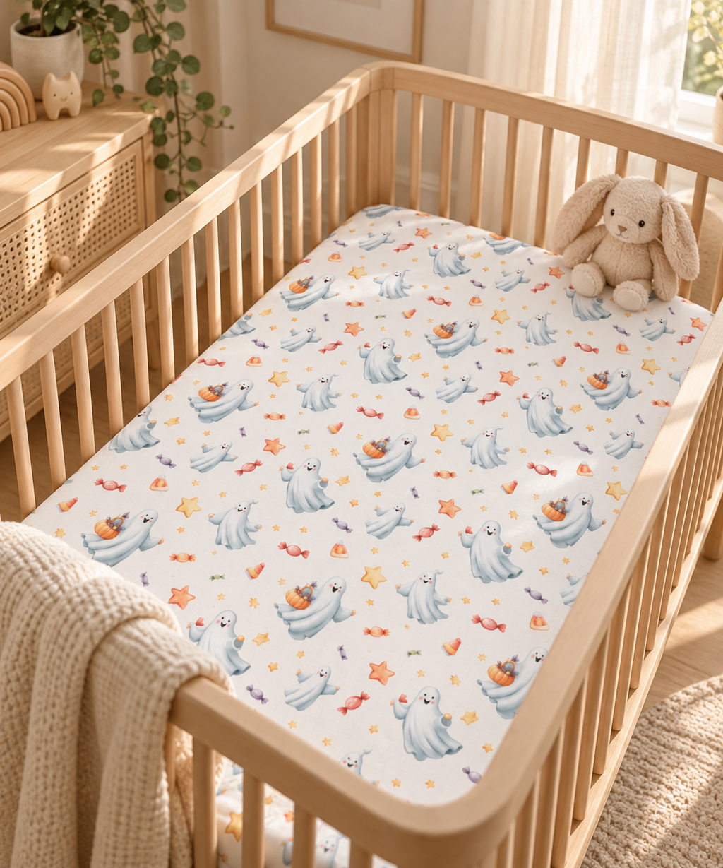 Watercolor Ghost Crib Sheet on a wooden crib mattress in a neutral nursery