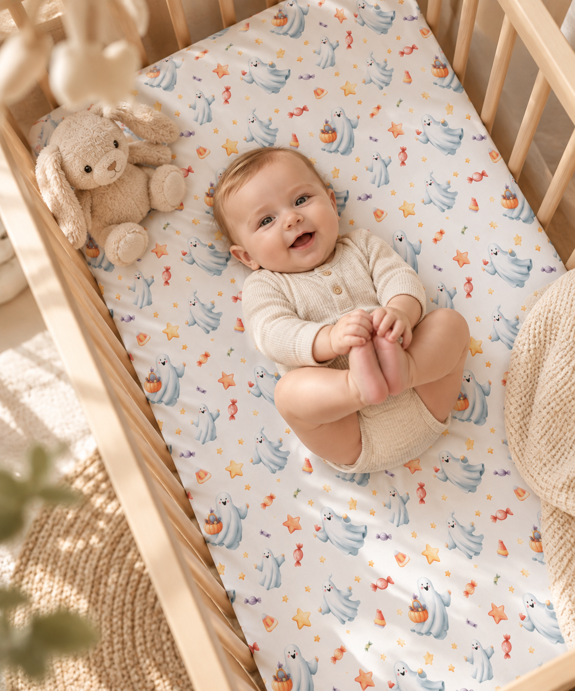 Smiling baby lying on the Watercolor Ghost Crib Sheet