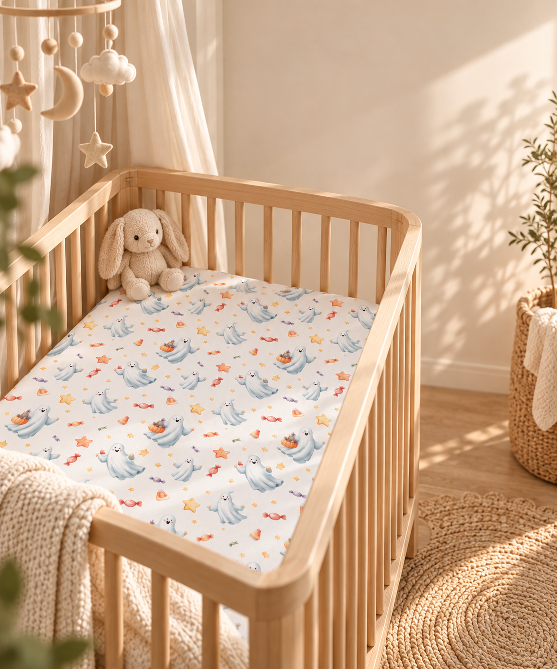 Watercolor Ghost Crib Sheet in a wooden crib in a sunlit nursery