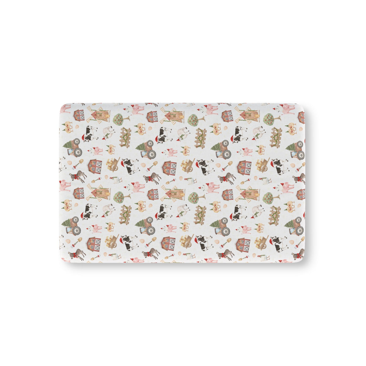 White Christmas Farm Crib Sheet laid flat in Mini size with farm animals in Santa hats on white