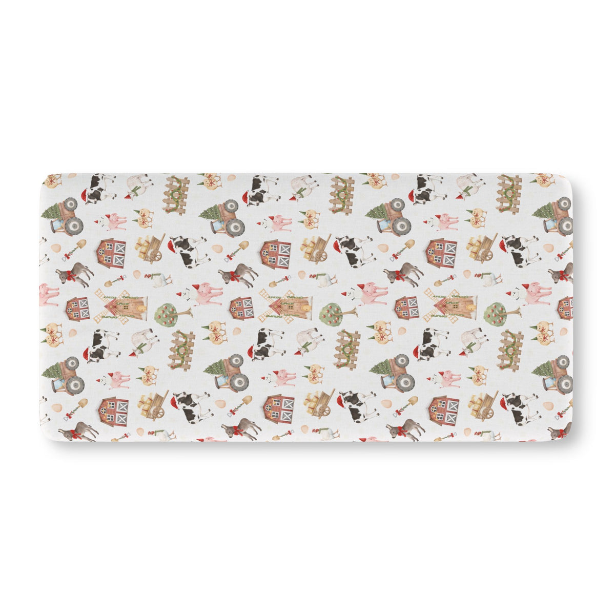 White Christmas Farm Crib Sheet laid flat in Standard size with farm animals in Santa hats on white
