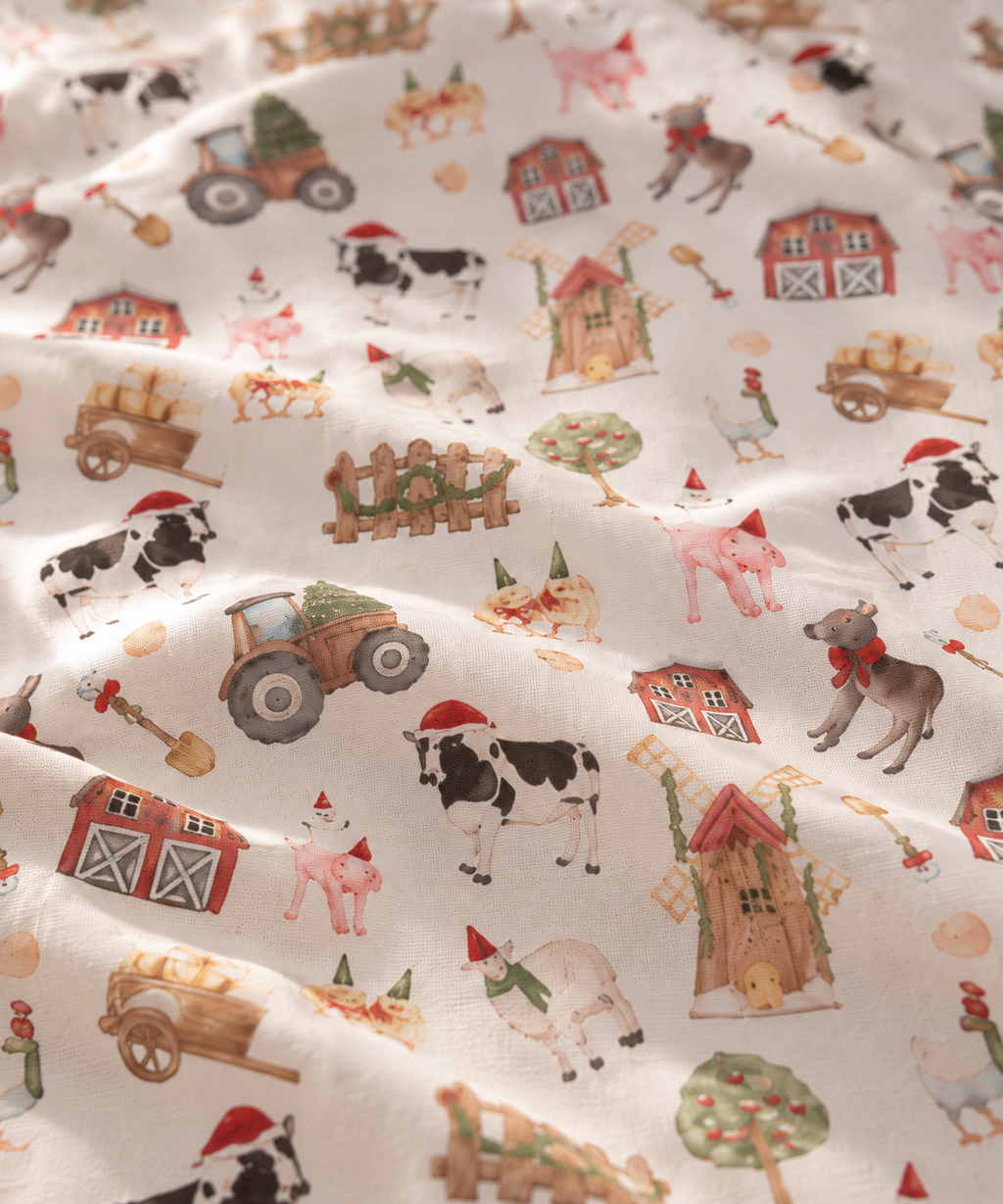 Close-up of the White Christmas Farm Crib Sheet fabric showing farm animals in Santa hats on white