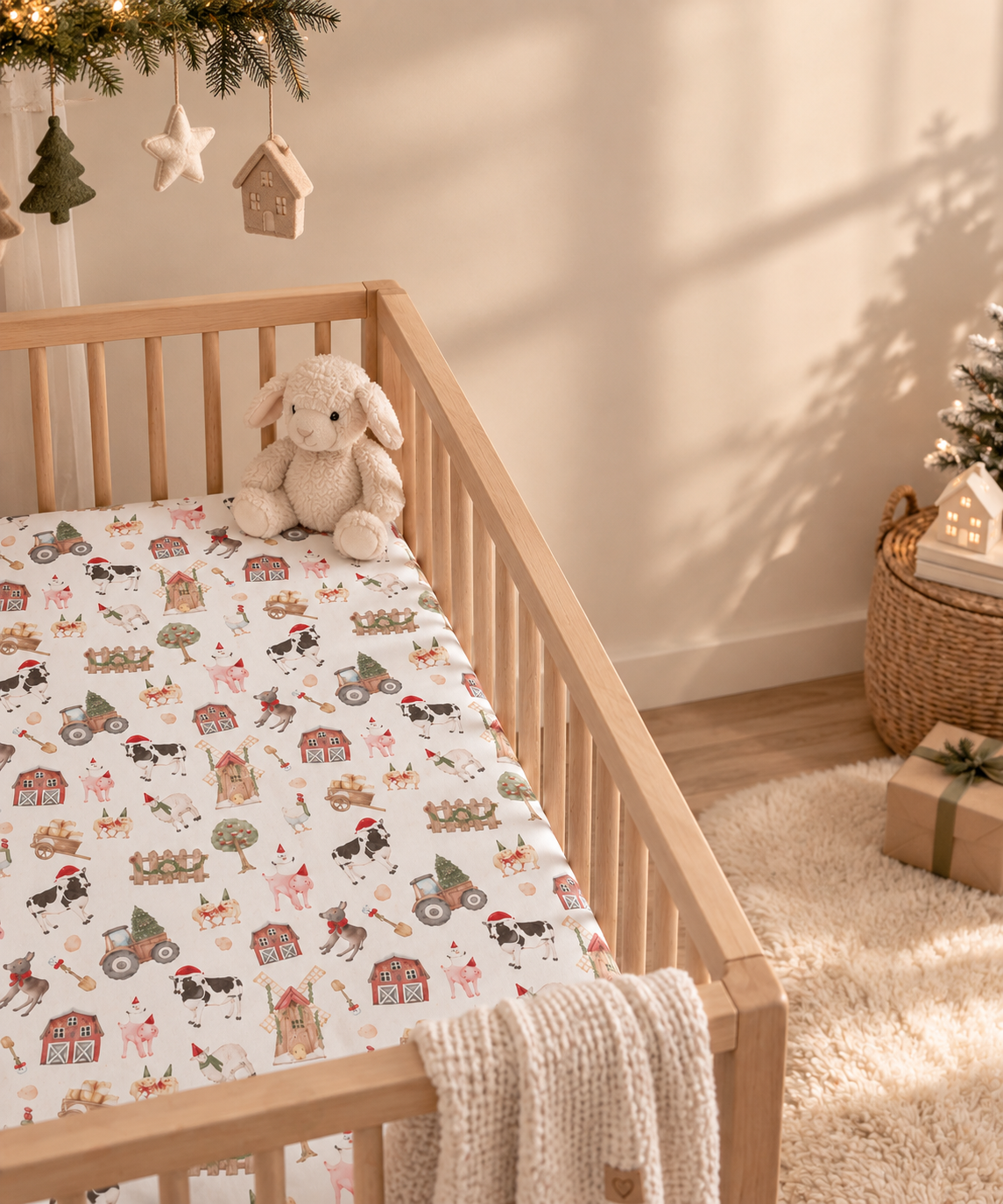 White Christmas Farm Crib Sheet in a wooden crib in a sunlit nursery