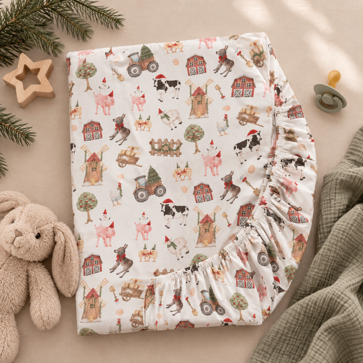 White Christmas Farm Crib Sheet folded to show the elastic fitted edge