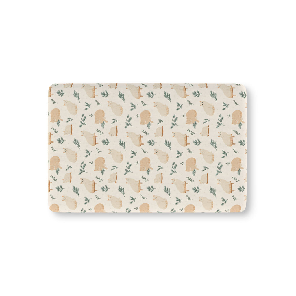 Winter Cat Crib Sheet laid flat in Mini size with cream cats and pine sprigs on ivory