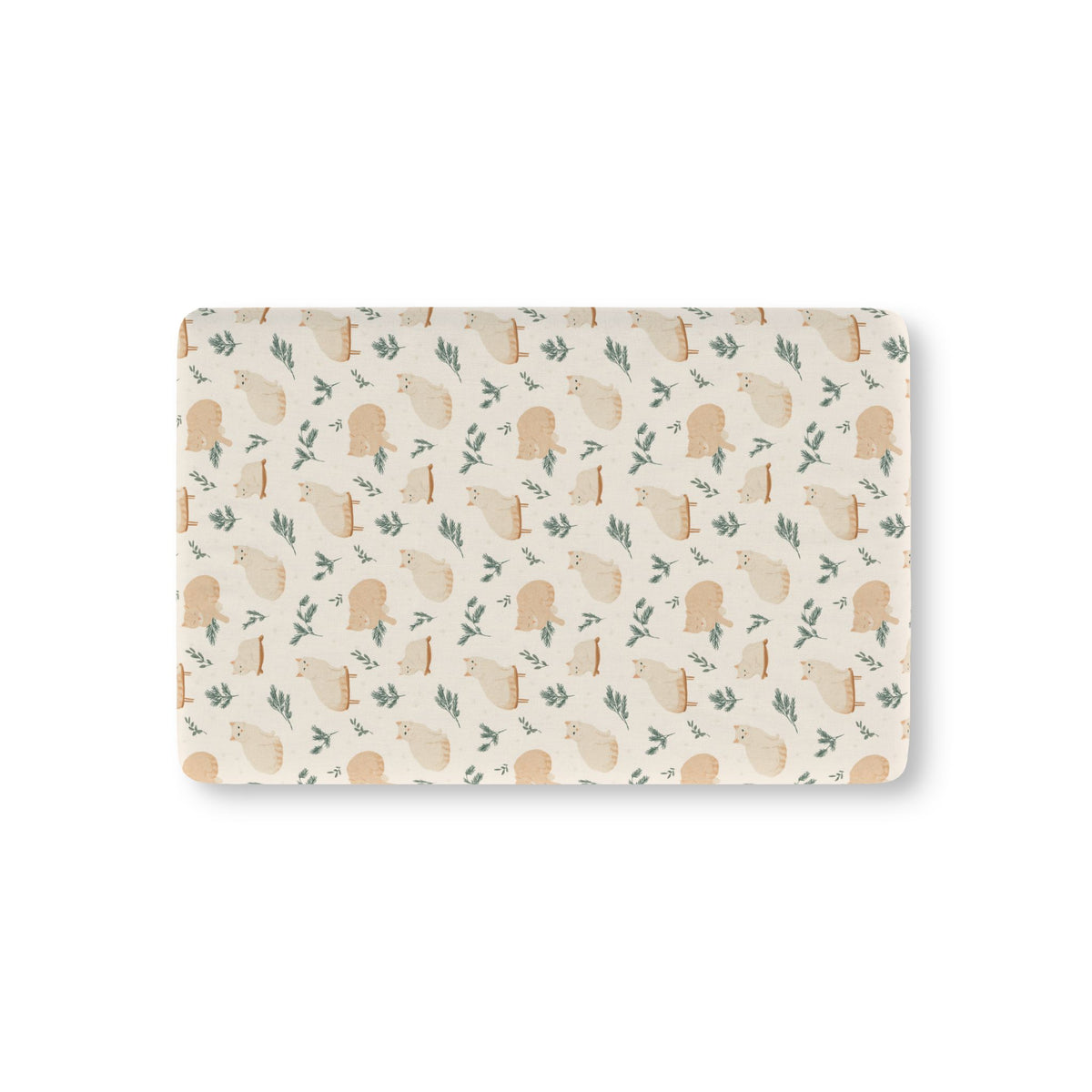Winter Cat Crib Sheet laid flat in Mini size with cream cats and pine sprigs on ivory