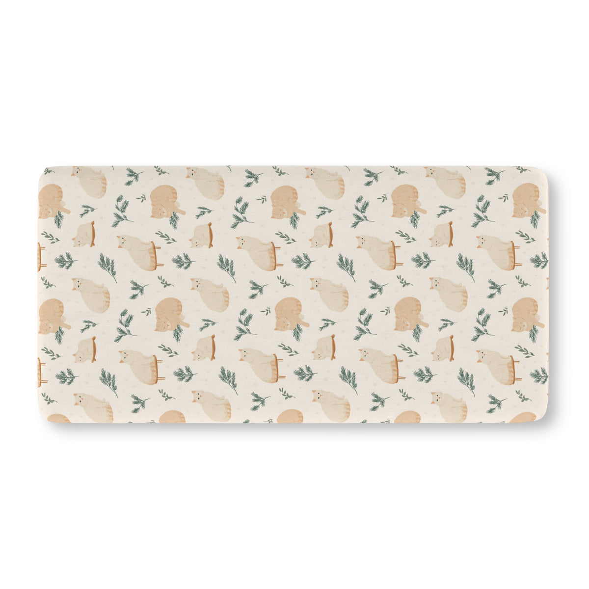 Winter Cat Crib Sheet laid flat in Standard size with cream cats and pine sprigs on ivory