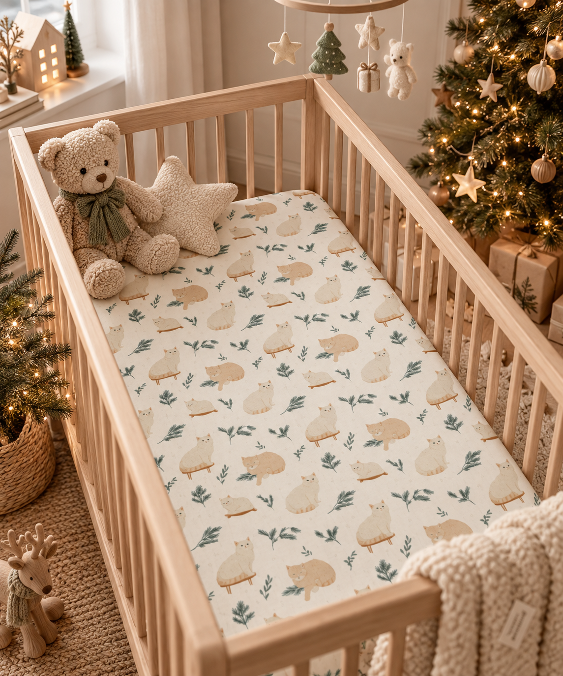 Winter Cat Crib Sheet on a wooden crib mattress in a Christmas nursery