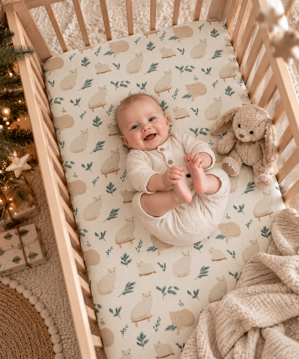 Smiling baby lying on the Winter Cat Crib Sheet