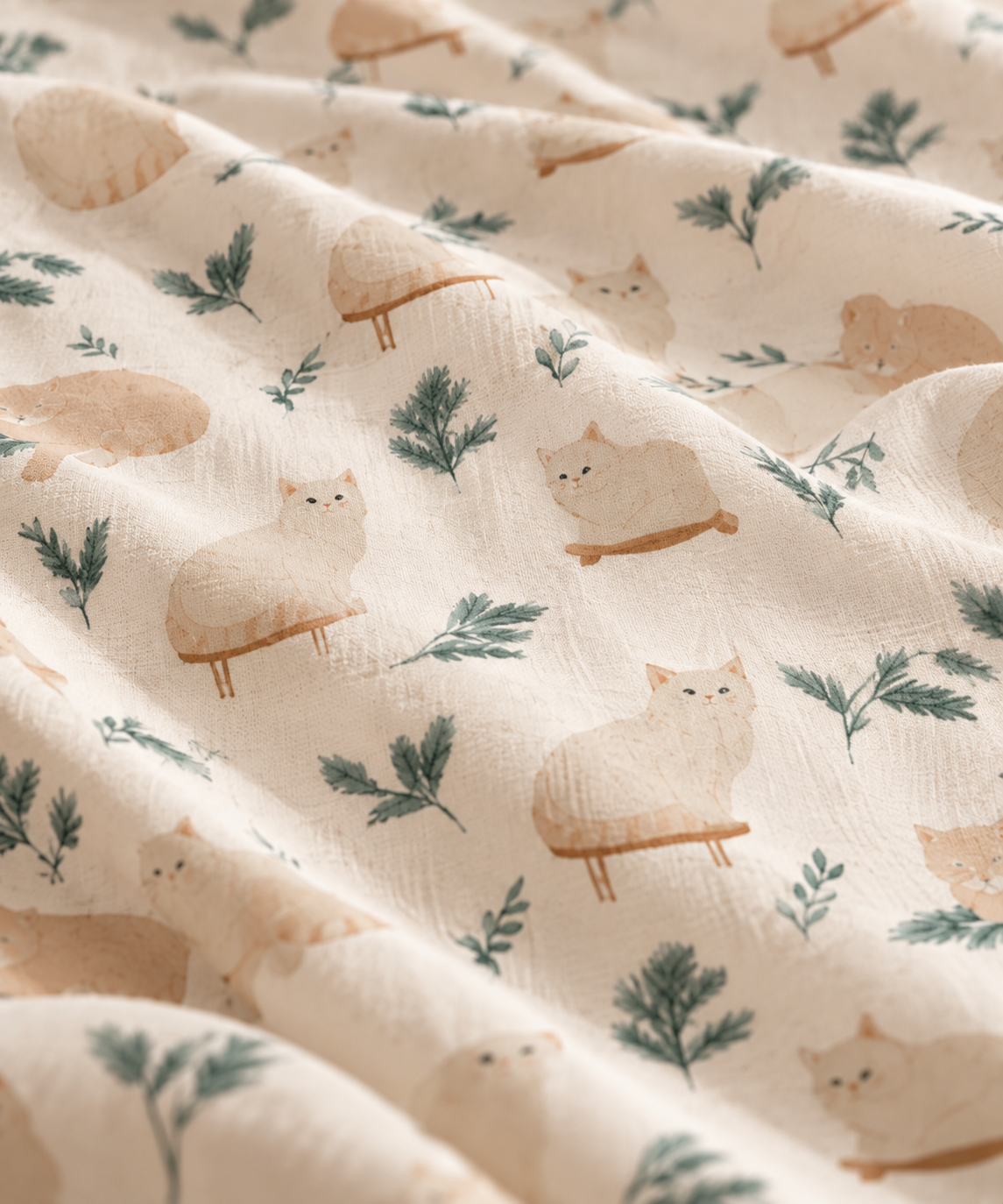 Close-up of the Winter Cat Crib Sheet fabric showing cream cats and pine sprigs on ivory