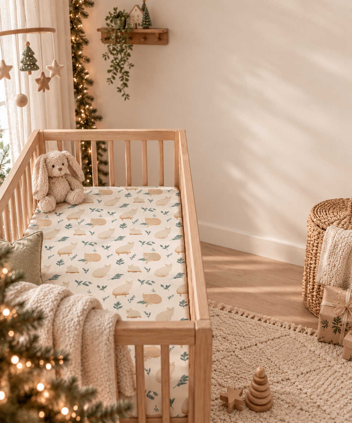 Winter Cat Crib Sheet in a wooden crib in a sunlit nursery