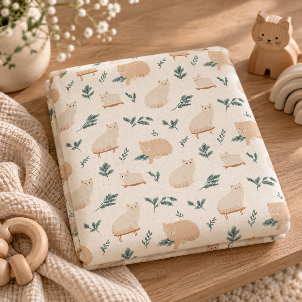 Winter Cat Crib Sheet folded on a wooden table