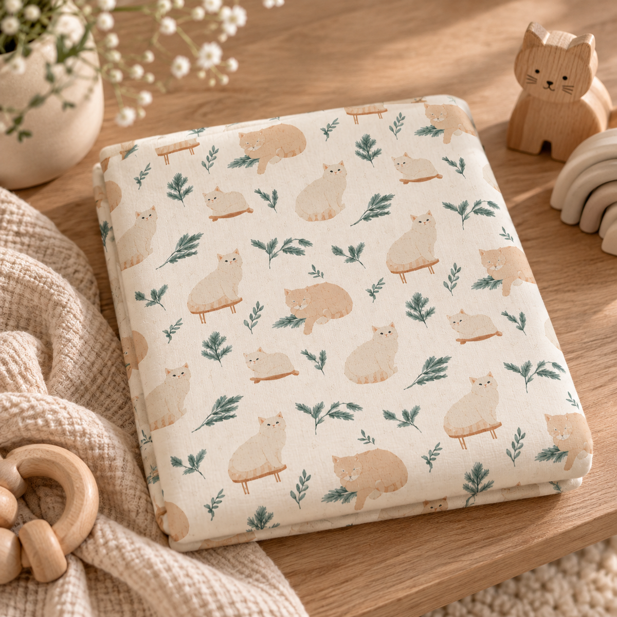 Winter Cat Crib Sheet folded on a wooden table