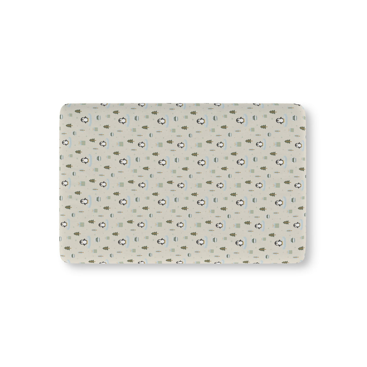 Winter Penguin Crib Sheet laid flat in Mini size with penguins and pine trees on pale sage