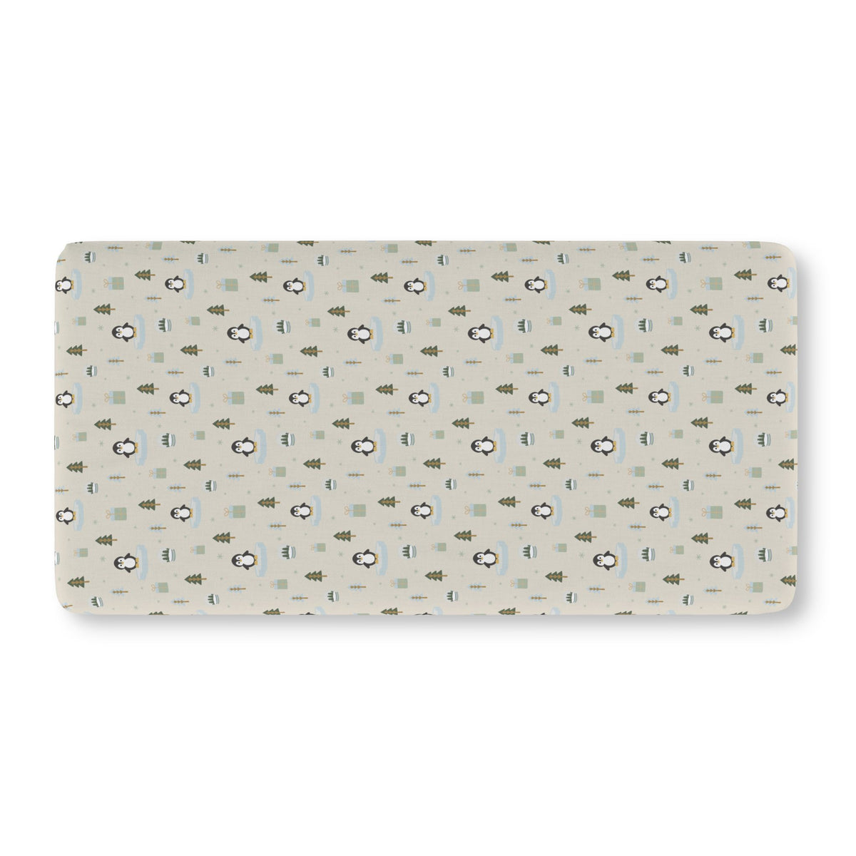 Winter Penguin Crib Sheet laid flat in Standard size with penguins and pine trees on pale sage