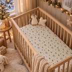 Winter Penguin Crib Sheet on a wooden crib mattress in a Christmas nursery