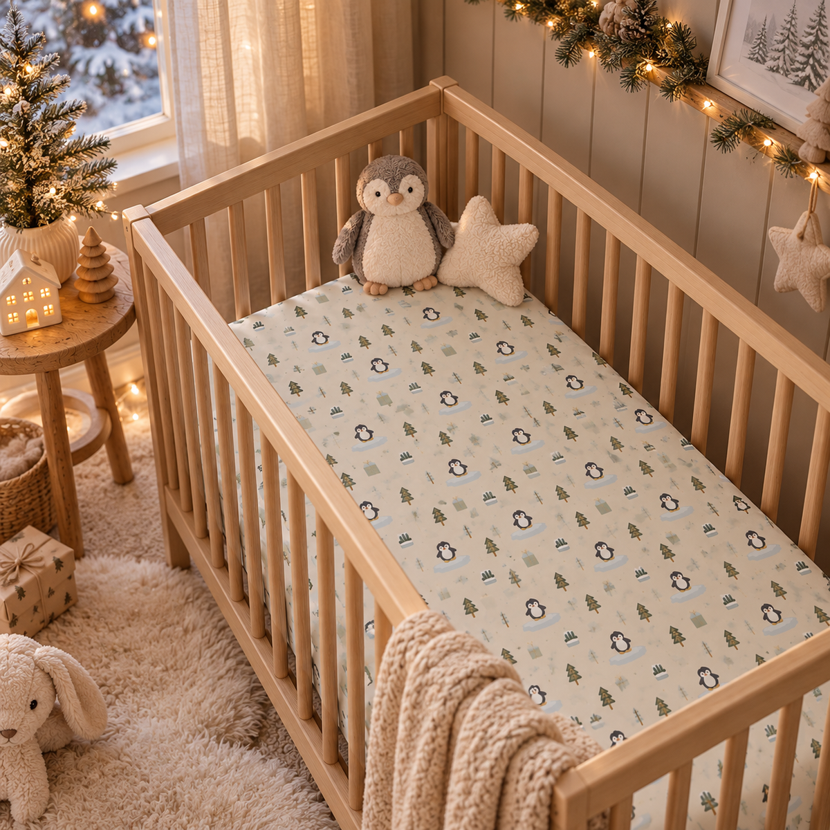 Winter Penguin Crib Sheet on a wooden crib mattress in a Christmas nursery