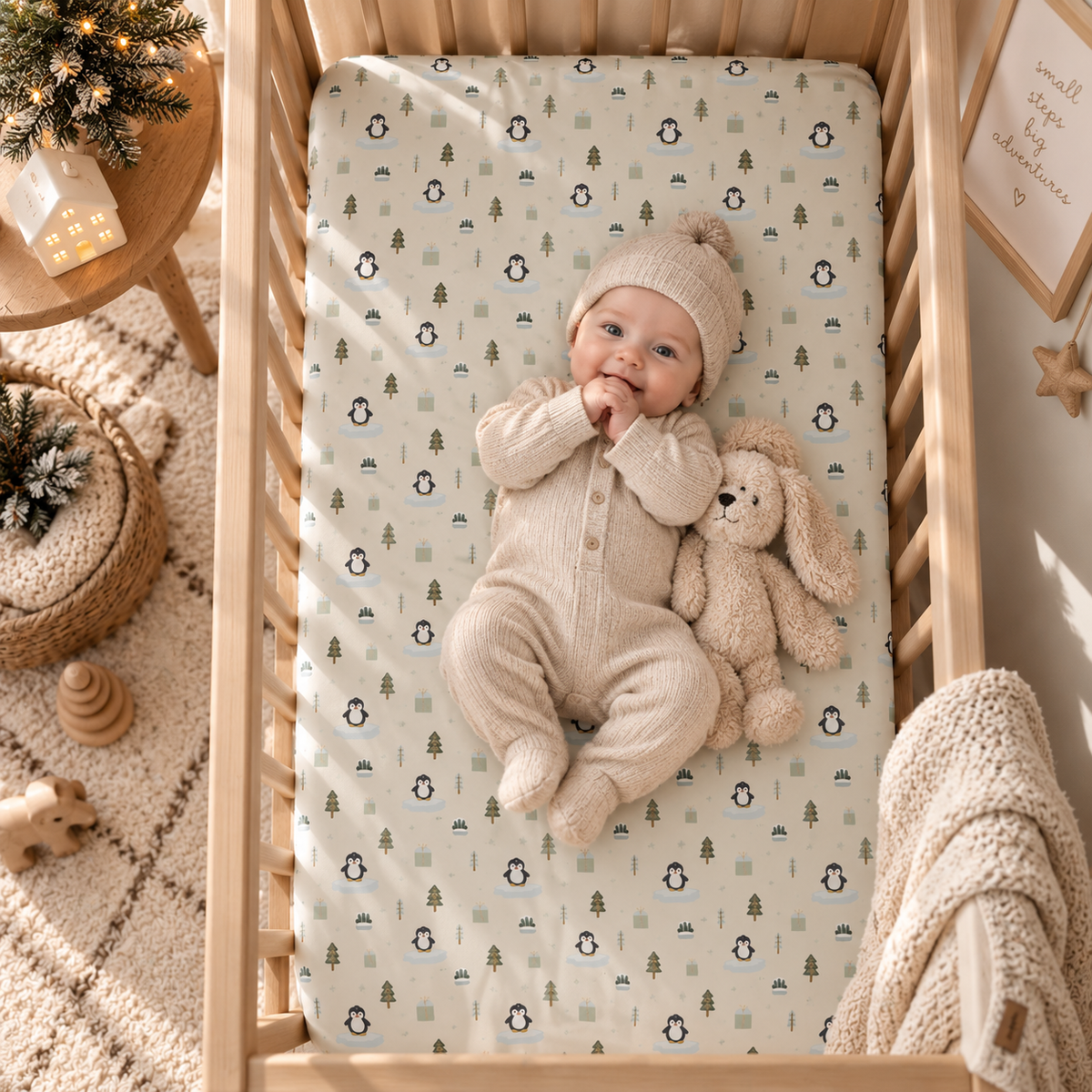 Baby lying on the Winter Penguin Crib Sheet