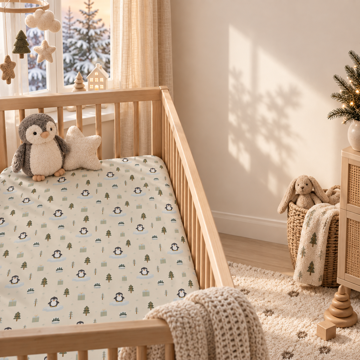 Winter Penguin Crib Sheet in a wooden crib in a sunlit nursery