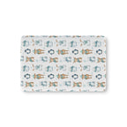 Winter Polar Bear Crib Sheet laid flat in Mini size with polar bears, penguins and reindeer in teal scarves on white