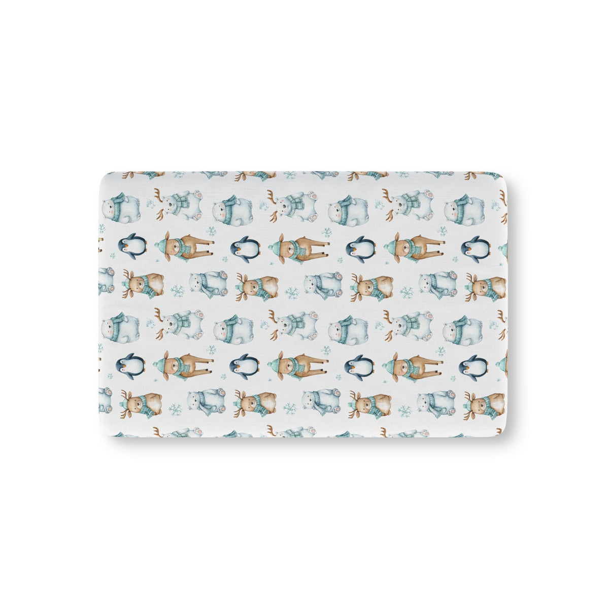 Winter Polar Bear Crib Sheet laid flat in Mini size with polar bears, penguins and reindeer in teal scarves on white