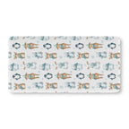Winter Polar Bear Crib Sheet laid flat in Standard size with polar bears, penguins and reindeer in teal scarves on white
