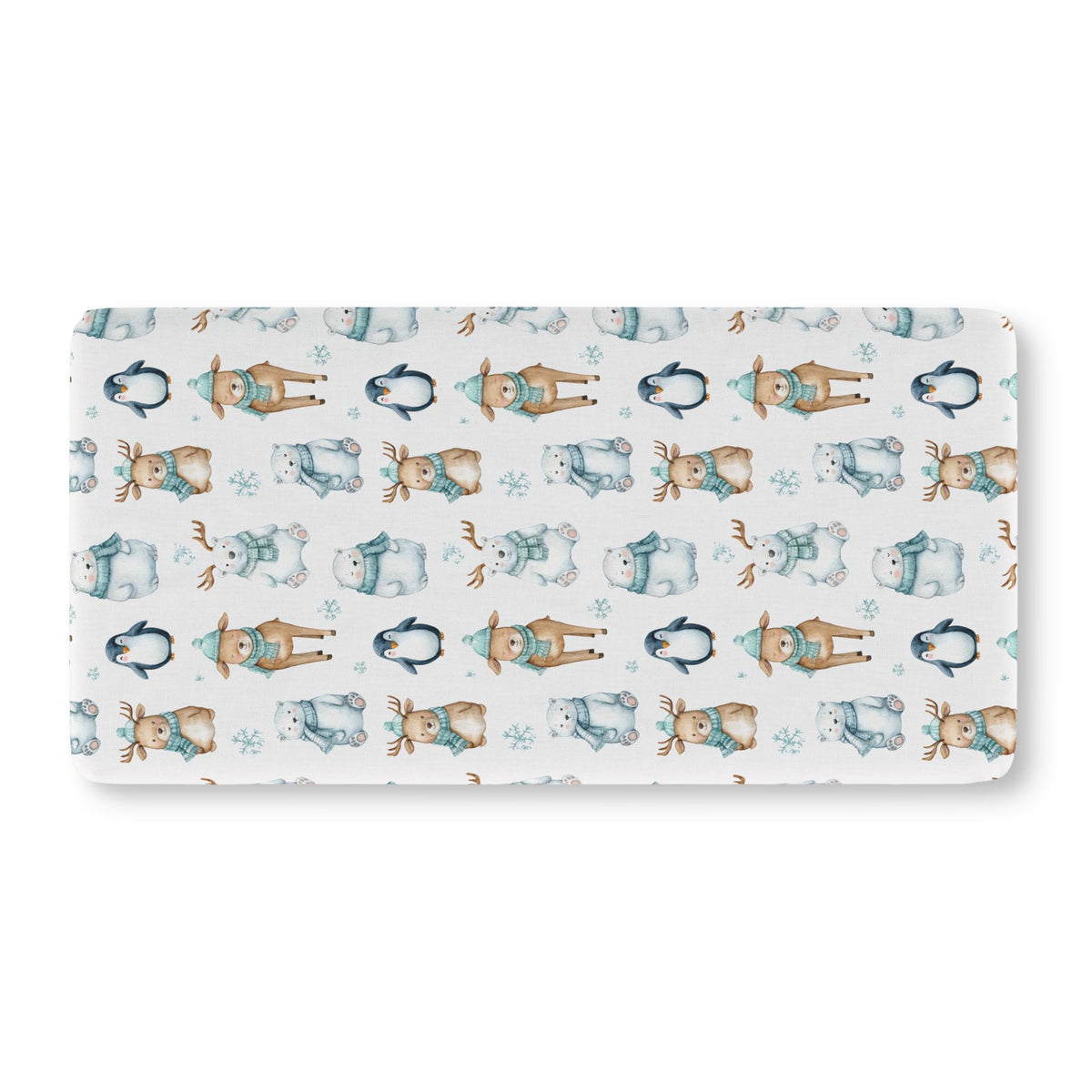 Winter Polar Bear Crib Sheet laid flat in Standard size with polar bears, penguins and reindeer in teal scarves on white