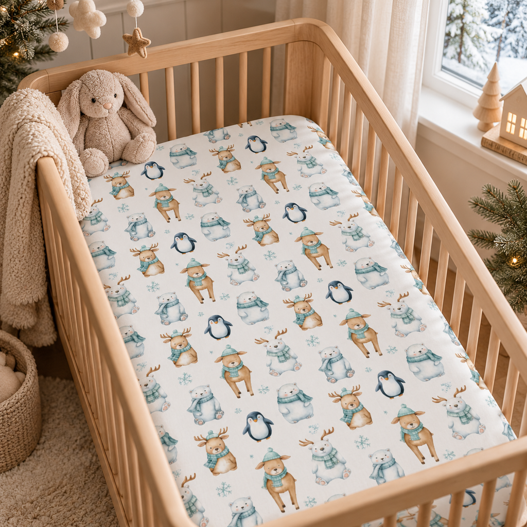 Winter Polar Bear Crib Sheet on a wooden crib mattress in a winter nursery