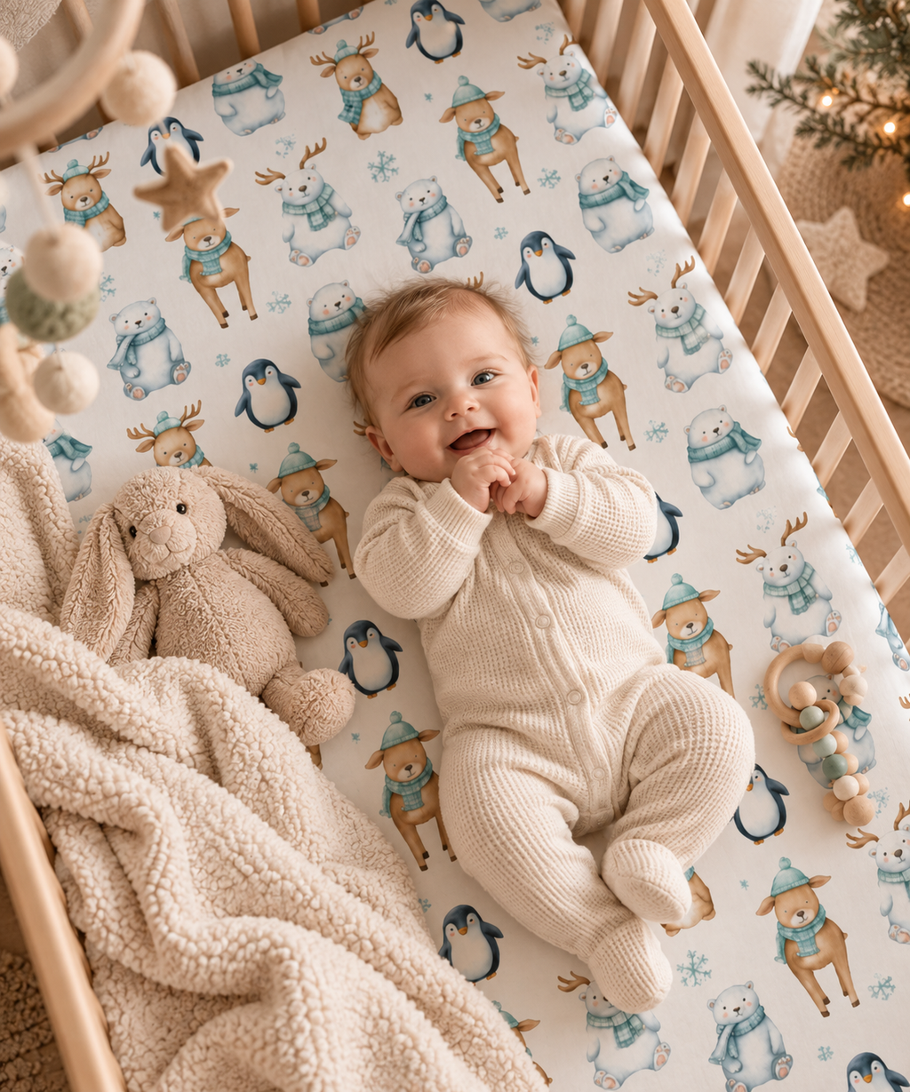 Smiling baby lying on the Winter Polar Bear Crib Sheet