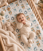 Smiling baby lying on the Winter Polar Bear Crib Sheet