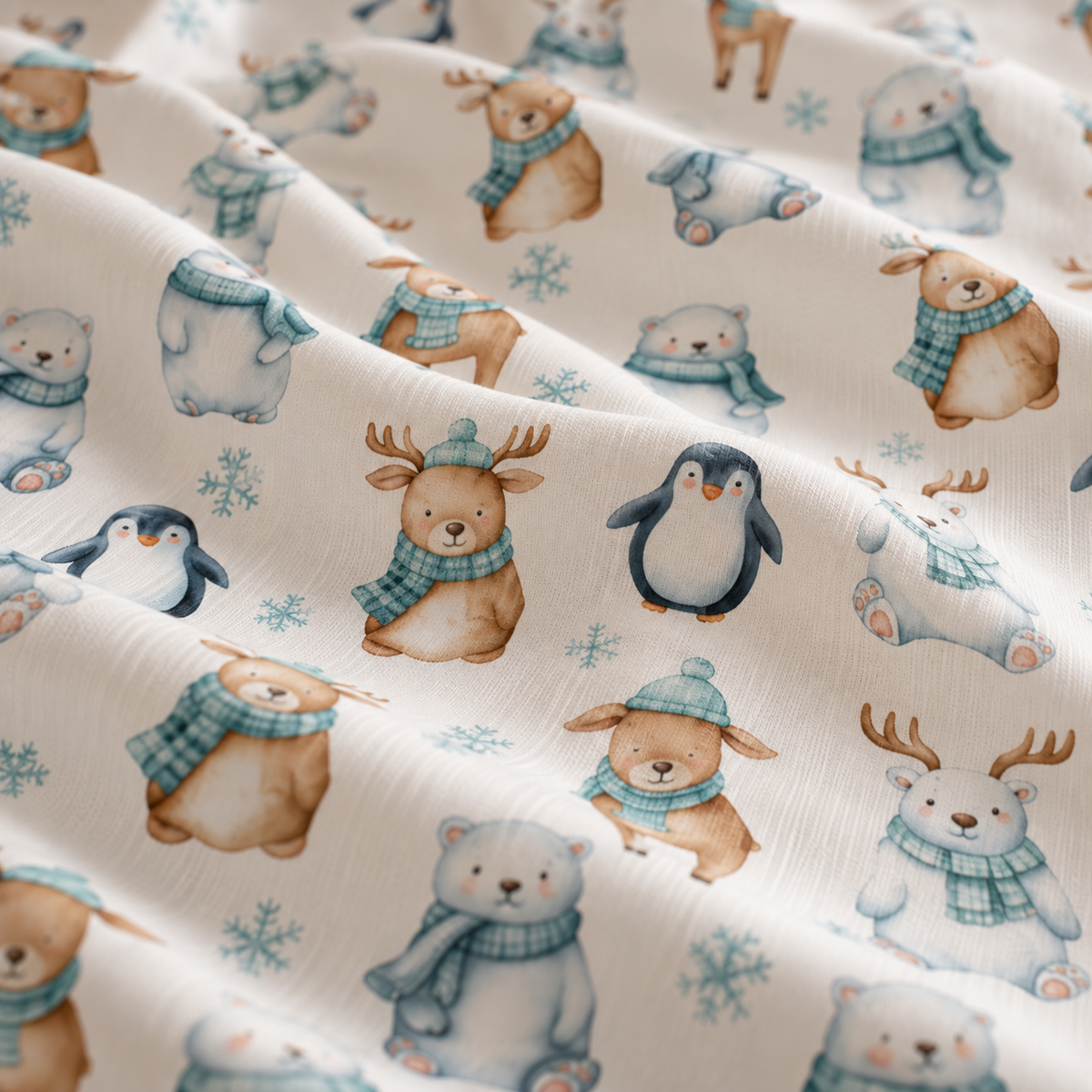 Close-up of the Winter Polar Bear Crib Sheet fabric showing polar bears, penguins and reindeer in teal scarves