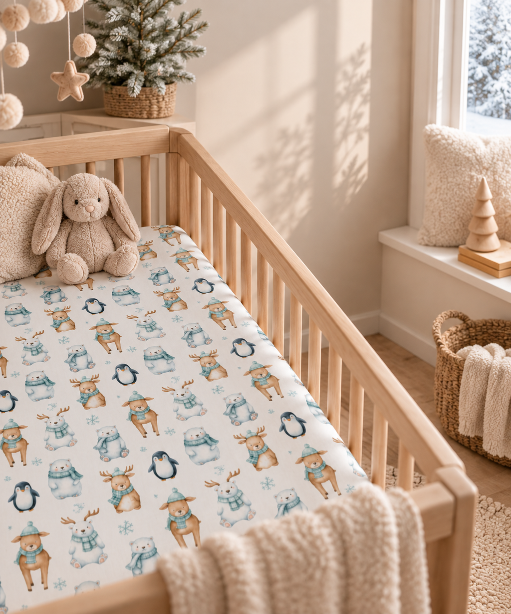 Winter Polar Bear Crib Sheet in a wooden crib in a sunlit nursery
