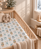 Winter Polar Bear Crib Sheet in a wooden crib in a sunlit nursery